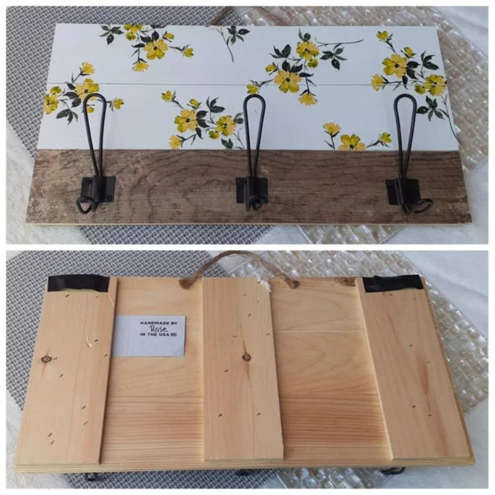 Rustic Farmhouse Wall Hanging Hooks Yellow Flower USA Made Gift Idea NEW
